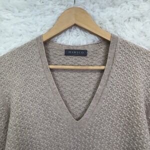 Hawico Scotland 100% Cashmere Sweater L Tan V-Neck Basketweave Knit Luxury